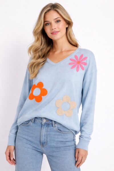 Pulloverbluse mit Blumenmuster blau Vorderansicht