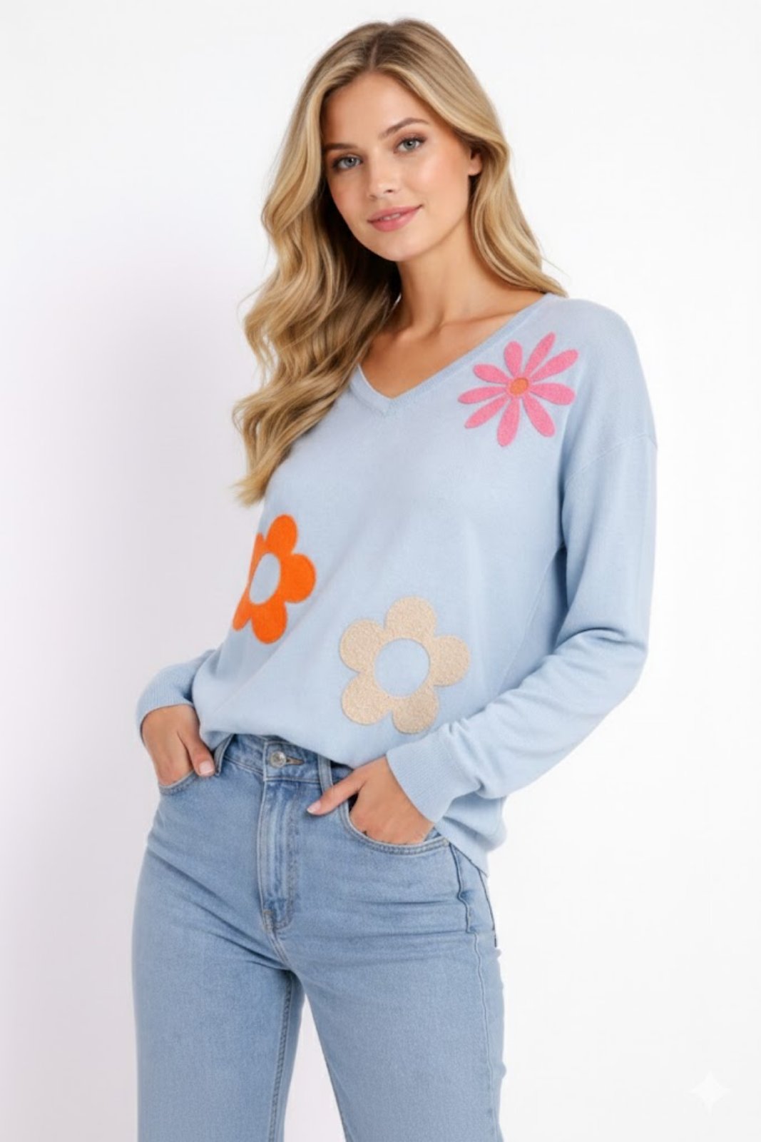 Pulloverbluse mit Blumenmuster blau Vorderansicht