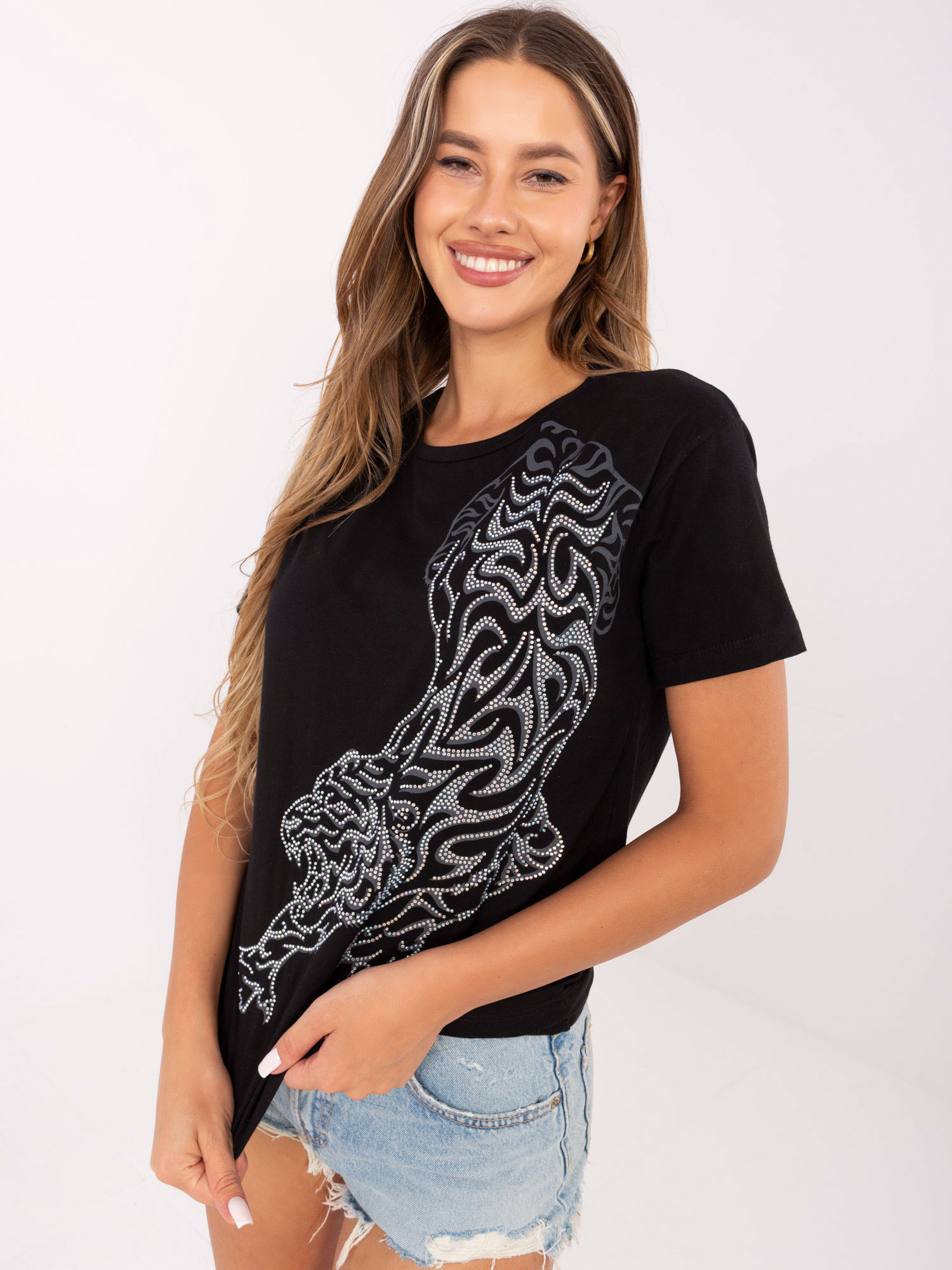 Damen Baumwoll-T-Shirt mit Strass-Applikation Damen mode Vorderansicht