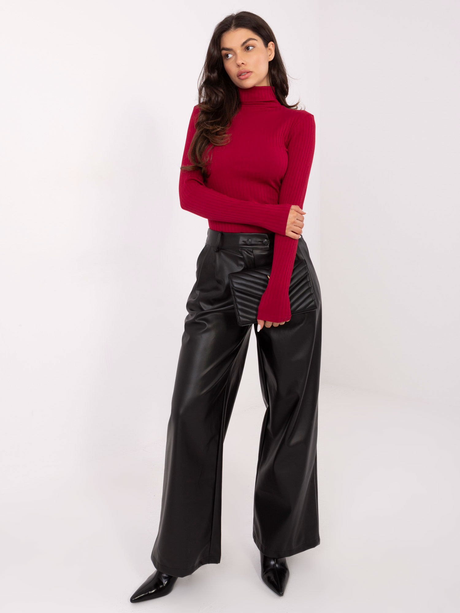 Damen Bluse gerippt tailliert langarm Rollkragen Basic Damenmode