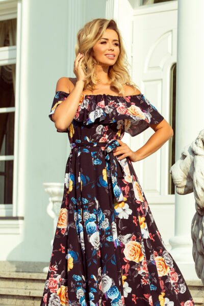 Damen Maxikleid mit Carmen-Ausschnitt und Blumenmuster Sommermode