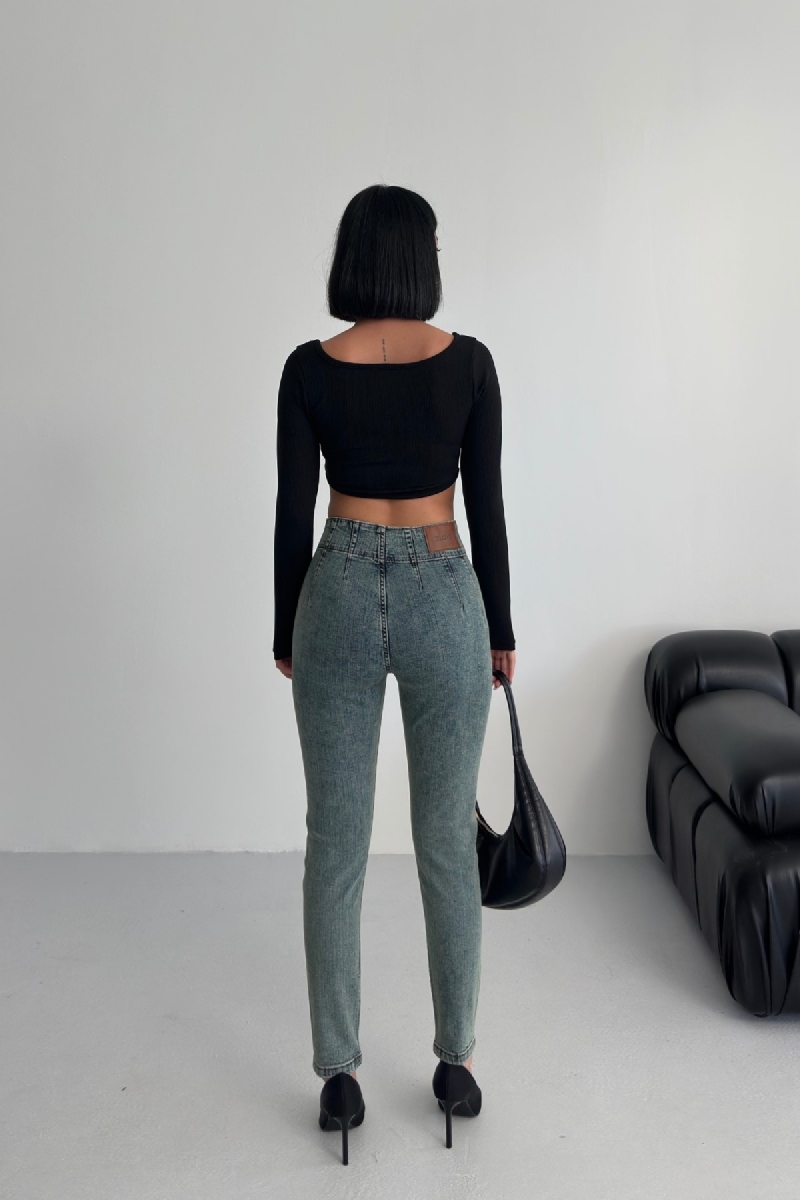 Higt Waist Skinny Jeans mit Ziernähten für Damen Rückansicht
