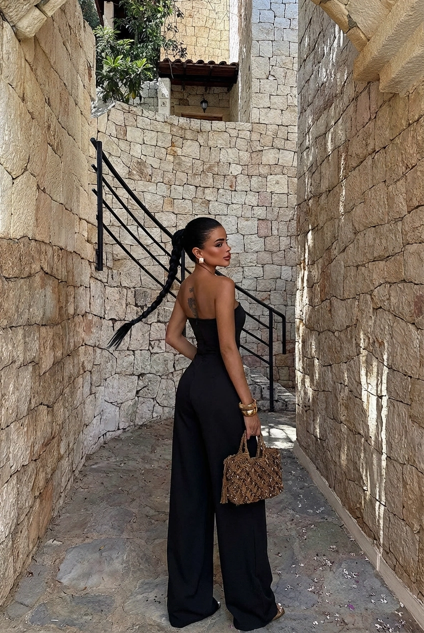 Trägerloser Jumpsuit in eleganter Linie Rückansicht