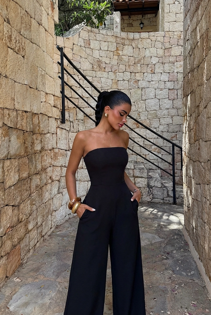 Trägerloser Jumpsuit in eleganter Linie Damenmode